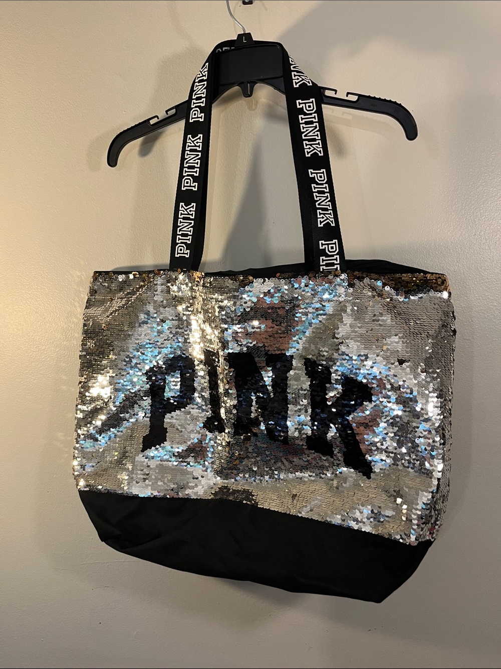 PINK Victoria's Secret Silver Sequin Tote with Black Logo and Straps